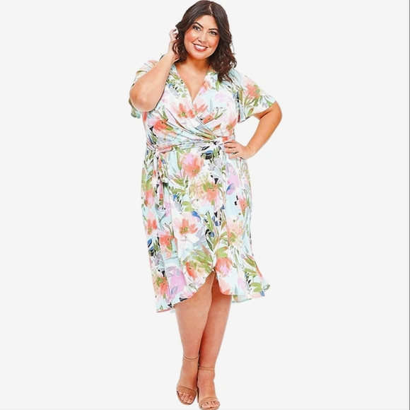 London Times Surplice Floral Flutter Sleeve Faux Wrap Dress Size 14W - Picture 1 of 10